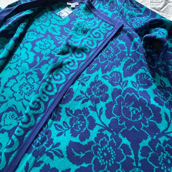 JACKET, BLANKET SWEATER, ROYAL BLUE/TEAL, SZ 3X, GRAPHIC FLORAL, COTTON RAYON - Picture 15 of 15